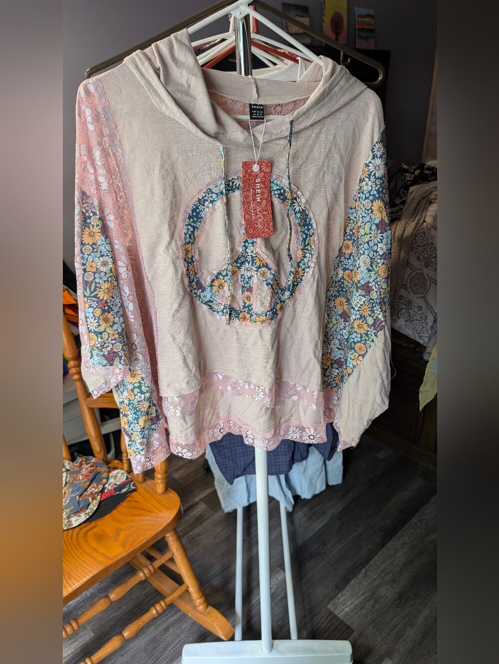 SHEIN Pink Floral Lace Peace Sign Hoodie